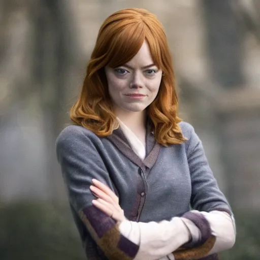Image similar to emma stone as Hermione Grainger a still shot from harry Potter movie 2