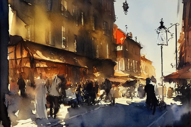 Prompt: abstract watercolor painting of stockholm street, summer, magical and traditional, cinematic light, cafe, sharp shadows, daylight, national romanticism by anders zorn, by greg rutkowski, by greg manchess