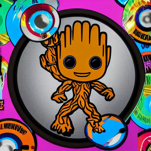 Image similar to svg sticker of a Pop-Wonder Groot-Marvel-Avenger at a rave, spinning records, giant headphones rocking out, wearing headphones, huge speakers, dancing, rave, DJ, spinning records, digital art, amazing composition, rule-of-thirds, award-winning, trending on artstation, featured on deviantart