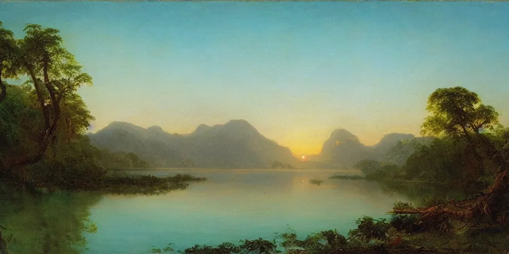 Image similar to the river delta of dawn, tropical river scene, serene mood, in style of frederic edwin church