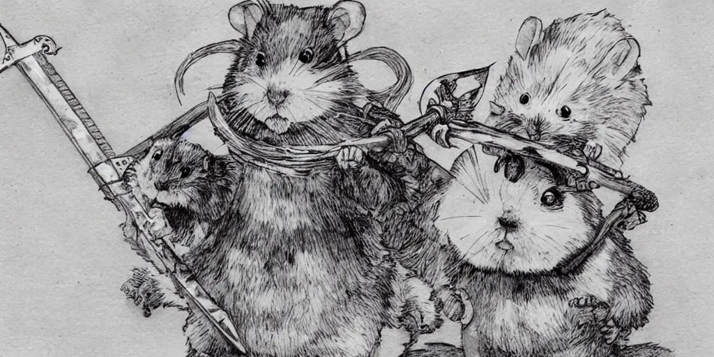 Image similar to a hamster posing with a sword in the style of Berserk manga