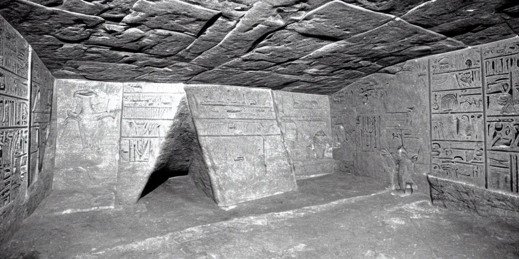 Prompt: A photograph of a giant room in the egyptian Pyramid that has a ancient alien time machine.