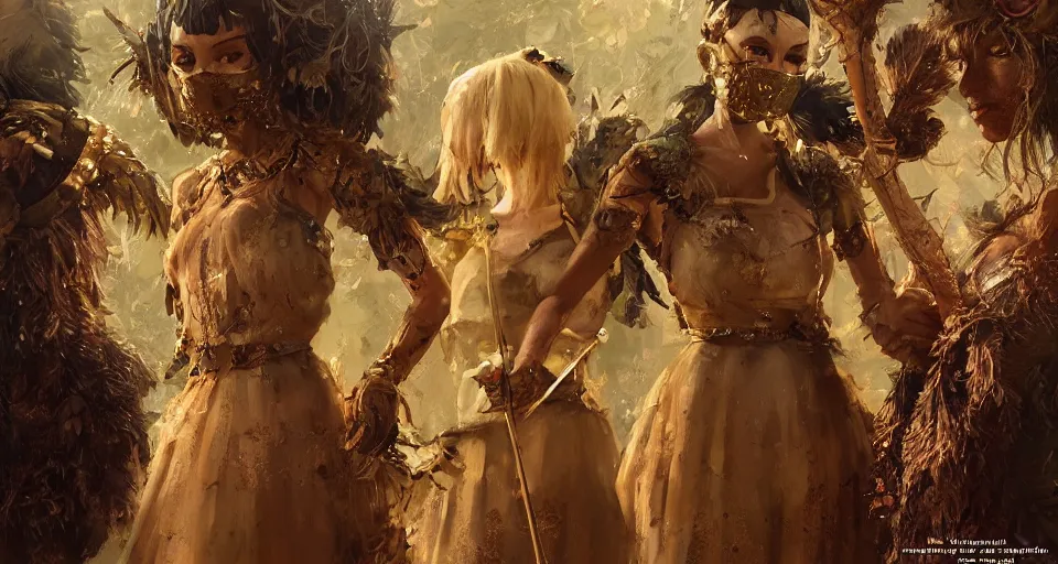 Prompt: craig mullins and ghibli digital art of on the stage, one masked female violinists ， exotic costumes, gold jewelry, black hair, realistic shading, cinematic composition, realistic render, octane render, detailed textures, photorealistic, wide shot