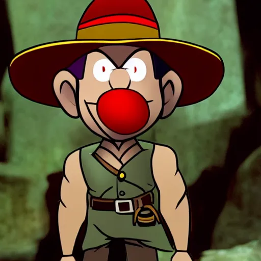 Prompt: indiana jones with a clown nose, cartoon