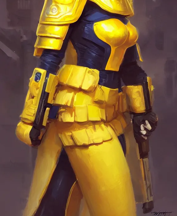 Image similar to female imperial guard fighter cosplay, modelling, posing, flak armor, yellow uniform, shemag, quality lighting, dark colors, maximalism, ultra facial detail, Tooth Wu Artgerm Greg Rutkowski artstation deviantart, 8k, fanart, extreme aesthetic