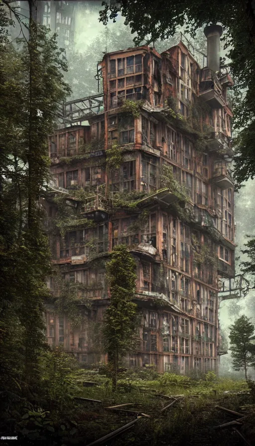 Image similar to a beautiful ultradetailed render of city building unfinished building urbex industrial architecture dormitory by antoine predock, wilderness mars steampunk reclaimed by nature forest tundra rainforest postcyberpunk myst, archdaily, wallpaper, highly detailed, trending on artstation.