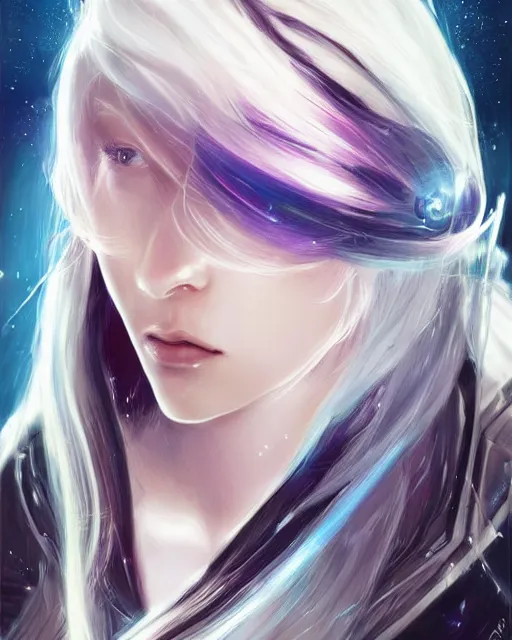 Image similar to beautiful girl on a mothership, android, warframe armor, pretty face, scifi, futuristic, galaxy, raytracing, dreamy, perfect!!!, digital painting, long white hair, blue cyborg eyes, sharp focus, concept art, highly detailed, artstation, intricate, innocent, art by gauthier leblanc, kazuya takahashi, huifeng huang