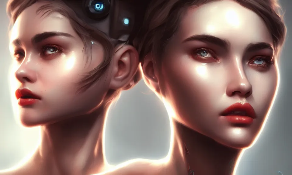 Image similar to cinematic bust portrait of beautiful girl with robot body, portrait ,cinematic, elegant, artstation, intricate, highly detailed, digital painting, artstation, concept art, sharp focus, illustration, cyberpunk, cgsociety, 8k