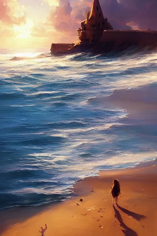 Prompt: beautiful ocean with sand castle on the beach shortline, clear sharp oil paint highly detailed ethereal, by trending on artstation, greg rutkowski, rhads