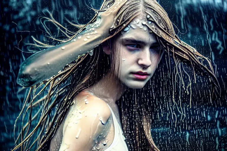 Image similar to girl flying freely in rain with wet hair and face, glowing eyes, fantasy, captivating dynamic facial expression, intricate, elegant, dramatic lighting, emotionally evoking symbolic metaphor, highly detailed, lifelike, photorealistic, digital painting, artstation, concept art, smooth, sharp focus, illustration, art by John Collier and Albert Aublet and Krenz Cushart and Artem Demura and Alphonse Mucha