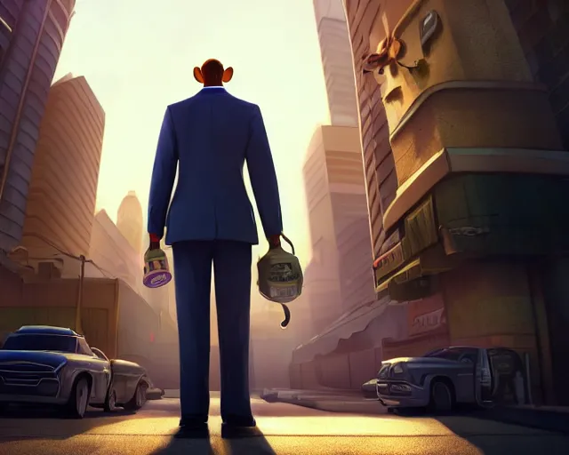 Image similar to a film still from zootopia main character portrait anthro anthropomorphic wolf security guard head animal person fursona wearing suit and tie pixar disney animation sharp rendered in unreal engine 5 anime key art by greg rutkowski bloom dramatic lighting modeling beginner render