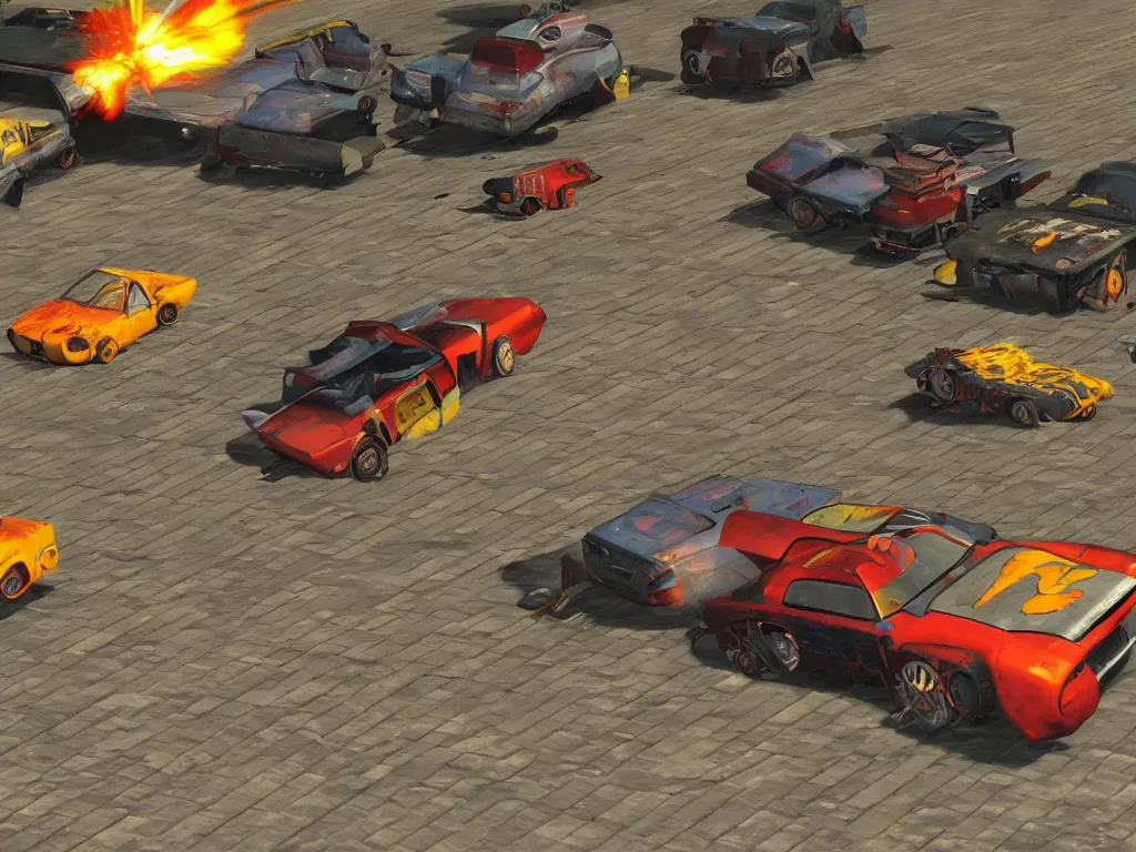 Image similar to PS1 car combat game in the style of Vigilante 8, Twisted Metal, Rogue Trip