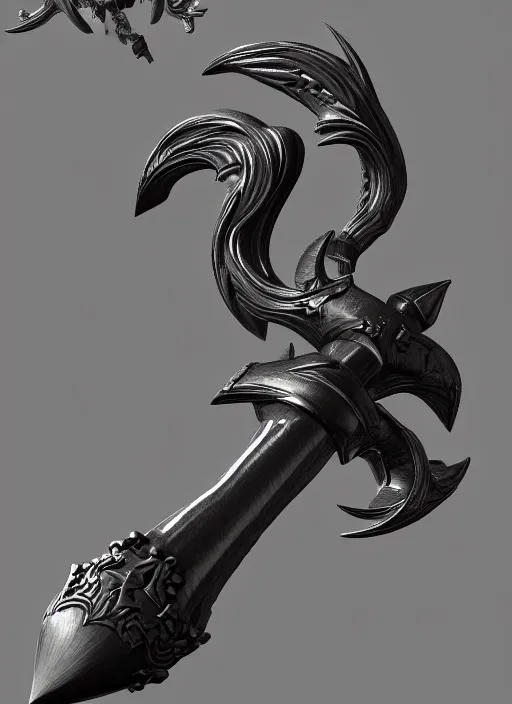 Image similar to a black long sword skull crest, orthographic, ornament, weapon, a 3 d render by dom qwek, front side views full, trending on polycount, artstation, hard surface modeling, rendered in maya, 3 ds max, blender, hd, vray, berserk blood, symmetry