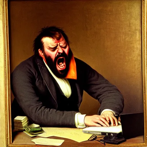 Image similar to an angry man yells at his computer monitor, oil on canvas, 1 8 8 3, highly detailed