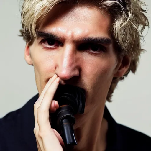 Image similar to a closeup photo of really handsome xqc smoking,