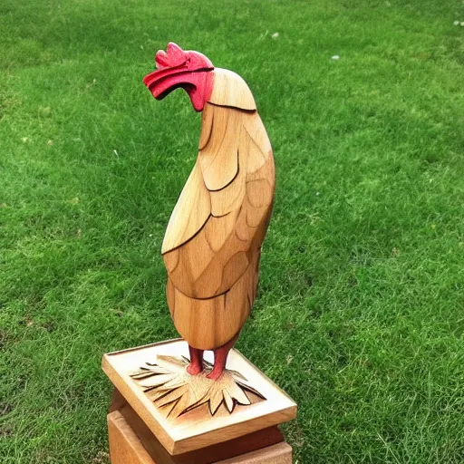Prompt: wooden sculpture of a miner holding a rooster, polished maple, thoughtful, elegant, real
