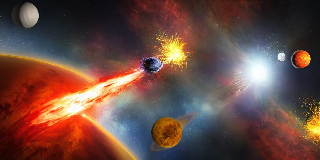 Image similar to realistic scene of 2 planets collide, explosion, 1 4 5 0, ink, ultra realistic, 8 k