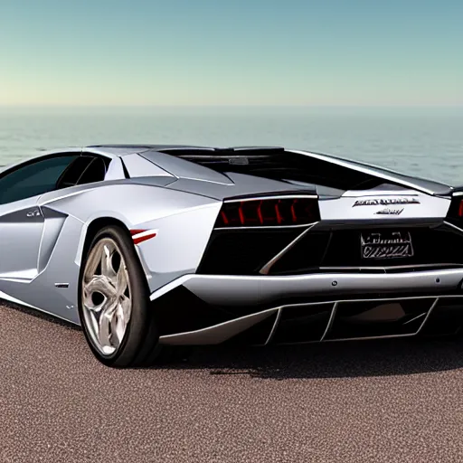 Image similar to A beautiful silver Lamborghini aventador on the beach, 8k, ray tracing reflection