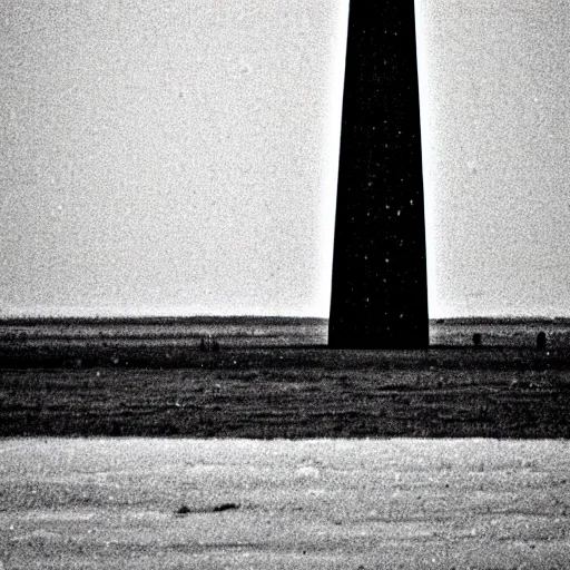 Image similar to a large obelisk on a flat plain of ice. grainy, overcast sky, snowing.