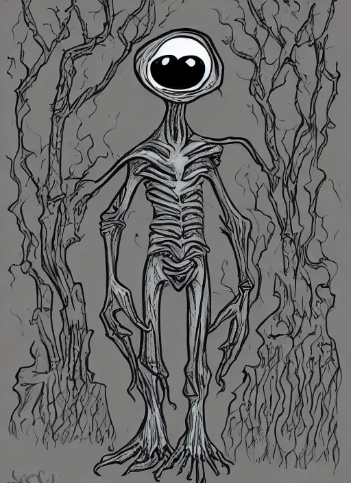 Image similar to a creepy alien, spooky halloween theme, illustration line art style