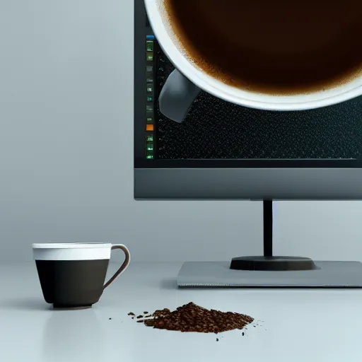 Image similar to : sloppy old cup of coffee spilling onto computer monitor unrealengine ,cinematic, hyper realism, high detail, octane render, 8k