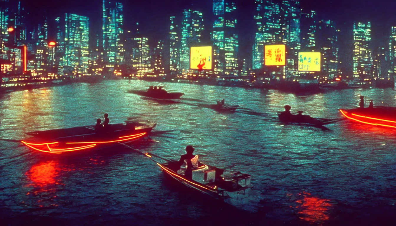 Image similar to 80s asian neon movie still with a lone man driving a boat on the river at night with city lights behind his back. Fallen angels movie still. hyperrealistic, high definition, medium format photography, highly detailed, tehnicolor, anamorphic 50mm lens