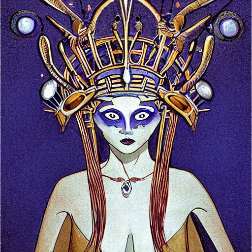 Prompt: Artemixel, the modern reincarnation of the old selenium god of hunt, also known as Artemis the Selene, carrying the celebrated Crown of the Crescent Moon wich its usual bright and slightly bluish crescent like the brightness of the night. Portrait by Moebius, digital art