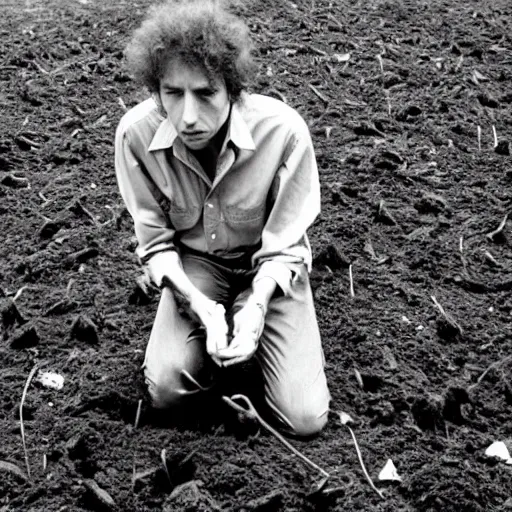 Prompt: bob dylan on his hands and knees picking through the soil looking for grubs, photograph