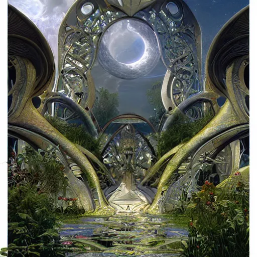 Image similar to lush skies alien art nouveau sacred cryengine render by james christensen, john stephens, frank gehry