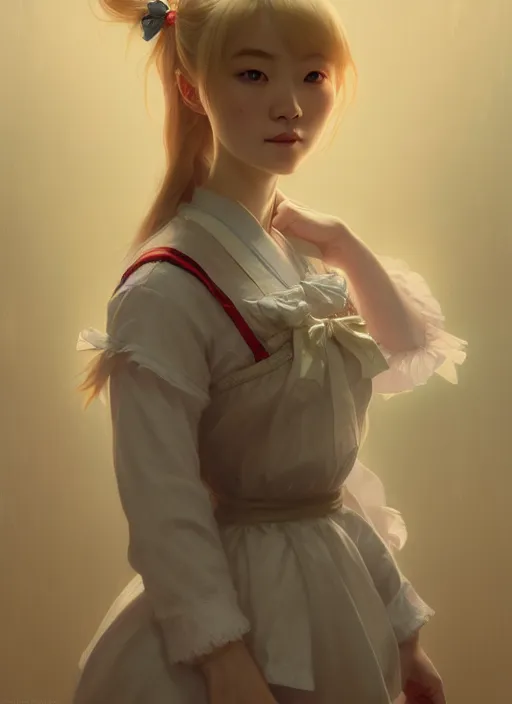 Image similar to symmetry!! portrait of a pretty japanese girl with blonde hair dressed as a french maid, elegant, highly detailed, digital painting, 8 k, concept art, smooth, sharp focus, illustration, ethereal, misty, octane render, by ruan jia and greg rutkowski and alphonse mucha