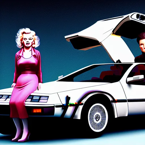 Prompt: portrait of marty mcfly and marilyn monroe next to a delorean dmc - 1 2, digital art, artstation, high detail, 4 k, sharp focus