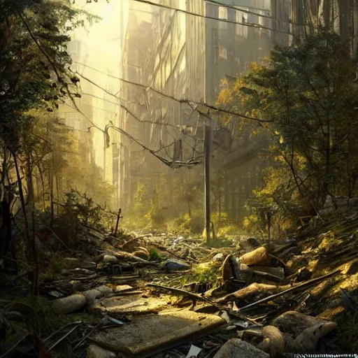 Image similar to postapocalyptic city of munich!!!, wild forest!!! vegetation!!!, small rubble!!, hyperrealistic, highly detailed, cinematic, sunny light, beautiful, cgssociety, artstation, 8 k, oil painting by greg rutkowski, by artgerm, by wlop