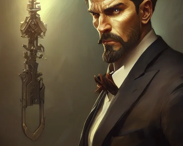 Image similar to handsome and brutal man in suit, deep focus, turnaround, fantasy, intricate, elegant, highly detailed, digital painting, artstation, concept art, matte, sharp focus, illustration, hearthstone, art by artgerm and greg rutkowski and alphonse mucha.