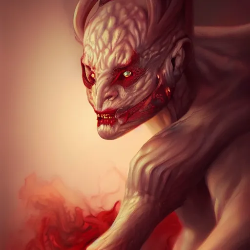 Prompt: realistic extremely detailed photo style portrait painting of a demon with smoke for hair and red burning eyes, siting in a chair, hybrid moebius, brom, artstation moody colors, octane render, 4k