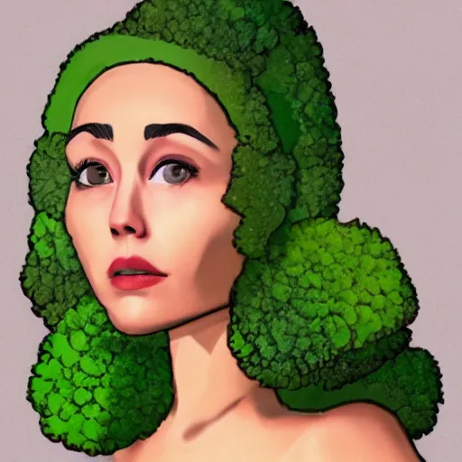 Image similar to anthropomorphic broccoli with an elizabeth olsen face, trending on artstation, 4 k quality, intricate