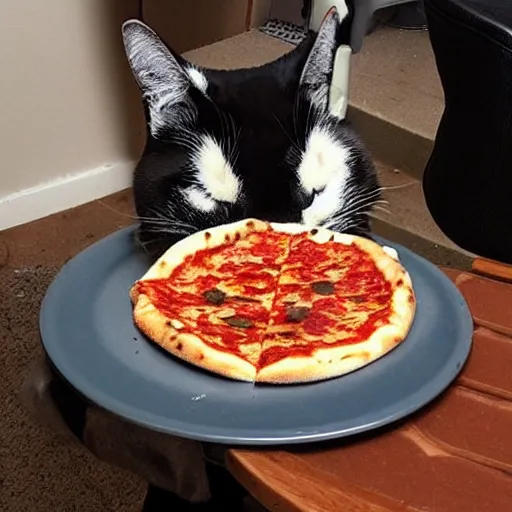 Image similar to a cat named shadow eating pizza