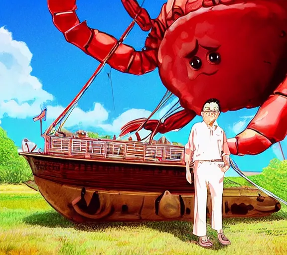 Prompt: Tom hanks as forrest gump sitting in a giant shrimp boat, majestic beautiful world, digital art, amazing detail, artstation, in the style of hayao miyazaki