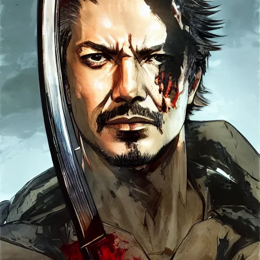 Image similar to portrait of a hero holding his sword in front of his face by yoji shinkawa, high quality, extra details, realism, ornate, colored, golden chain, blood, white skin, short hair, brown eyes, vivid, sunlight, dynamic, american man, freedom