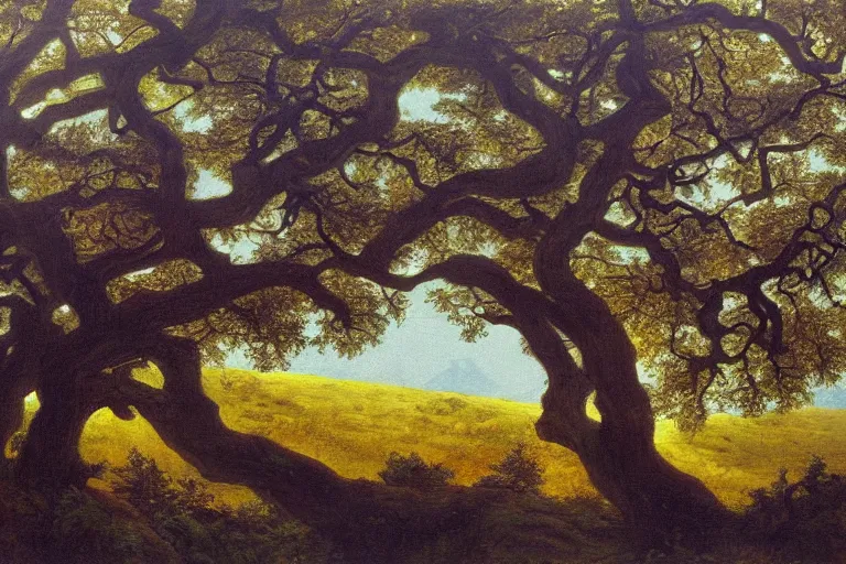 Prompt: masterpiece painting of oak trees on a hillside overlooking a creek, dramatic lighting, by lemoine fitzgerald