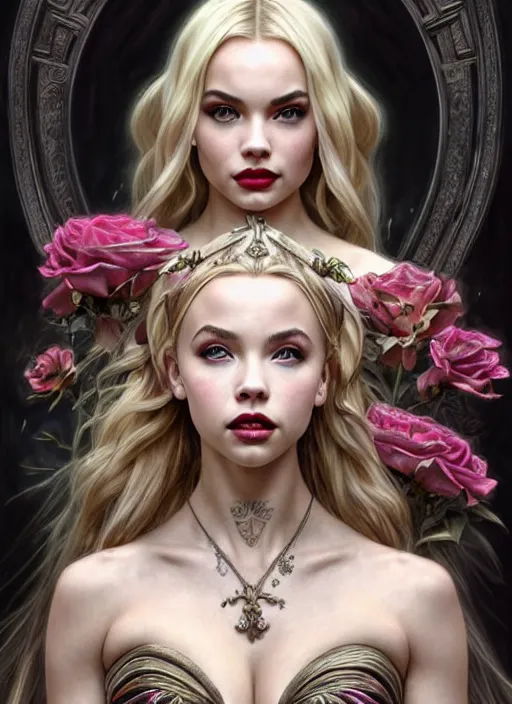 Image similar to ultra realistic illustration, a stunningly beautiful greek gothic goddess of chaos played by jordyn jones and dove cameron and margot robbie and taylor swift and megan fox, intricate, elegant, highly detailed, digital painting, artstation, concept art, smooth, sharp focus, illustration, art by artgerm and greg rutkowski and alphonse mucha