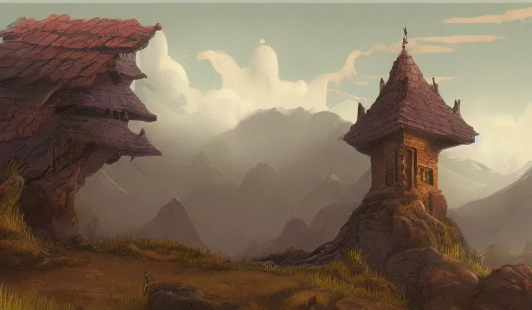 Prompt: A serene landscape with a singular building in the style of high fantasy