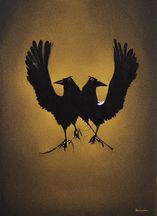 Prompt: crow, award - winning painting, gold and silver shapes, elegant, luxurious, beautiful, pitch black background, chiaroscuro