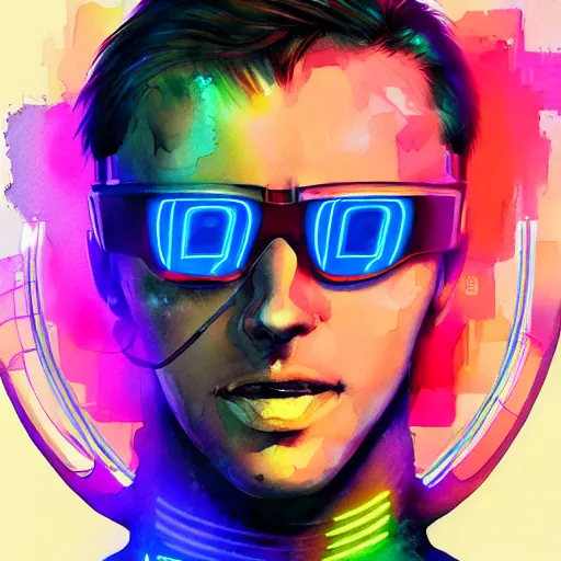 Image similar to technicolor cyber hacker, watercolor, 2077, neon, artstation