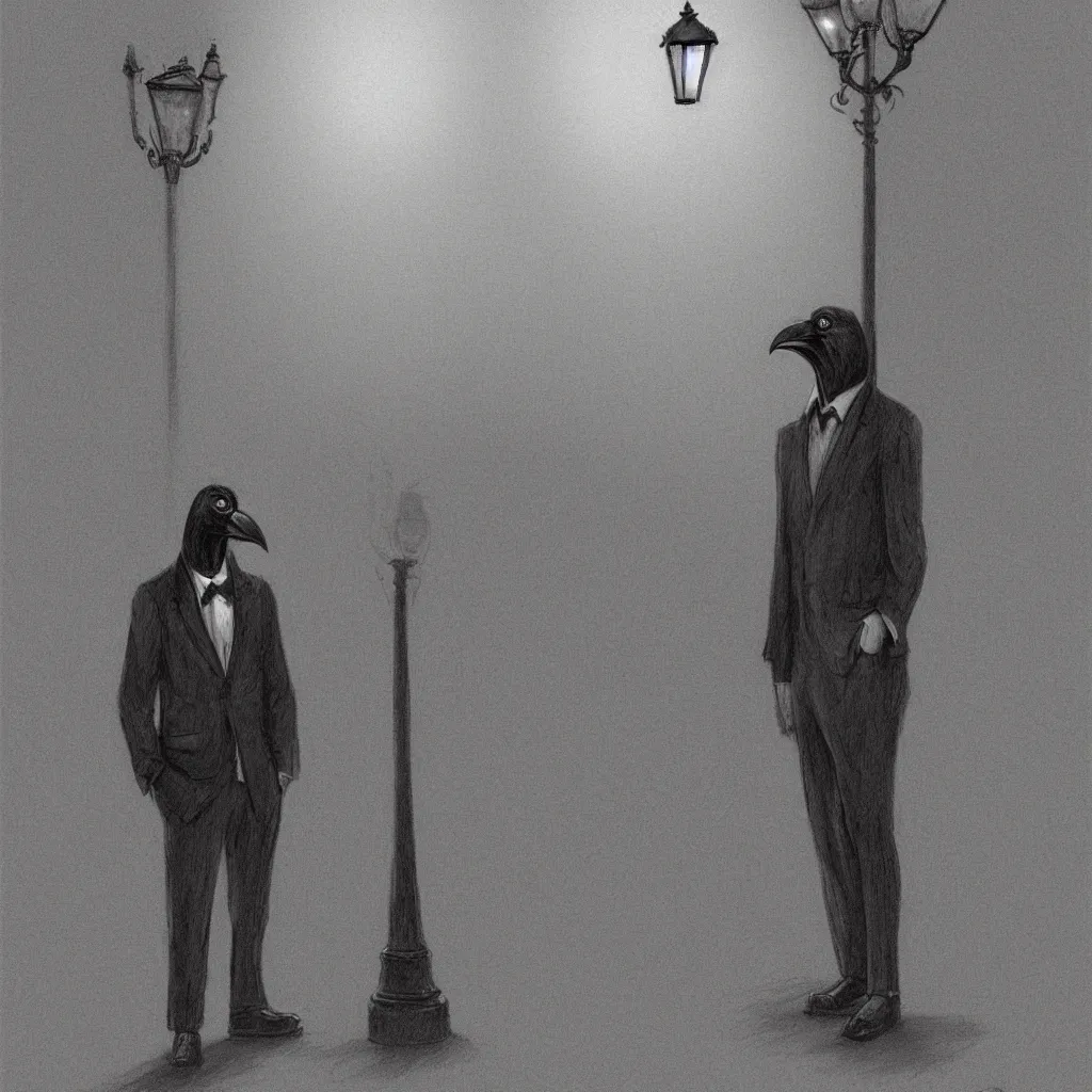 Image similar to a highly detailed portrait of a man wearing a suit and a raven mask standing in the middle of a street illuminated by a lone street lamp, by gerald brom, cinematic lighting, detailed drawing