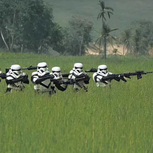 Image similar to star wars clone troopers combat soldiers in vietnam, photo, old picture, lush landscape, field, firearms, explosions, x wings, aerial combat, active battle zone, flamethrower, air support, jedi, land mines, gunfire, violent, star destroyers, star wars lasers, sci - fi, jetpacks, agent orange, bomber planes, smoke, trench warfare