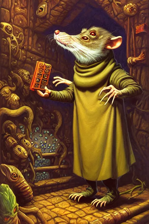 Prompt: classic oil painting, an anthropomorphic bipedal rat that is dressed as a medieval librarian, dnd art, standing under the sea, cottagecore, extremely detailed, digital illustration, concept art, readability, smooth, sharp focus, art by tim hildebrandt, and greg hildebrandt