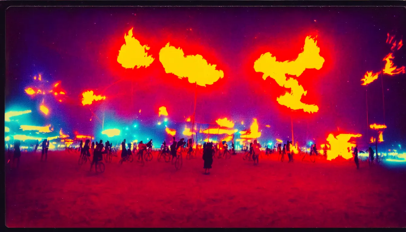 Image similar to colorful instant photograph of burning man at night, polaroid, light leak, raw, nostalgic