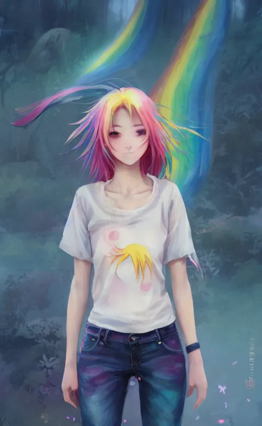 Image similar to a kawaii woman with rainbow hair, happy, summer time, soft eyes and narrow chin, dainty figure, long hair straight down, kawaii shirt and jeans, basic white background, In style of by Jordan Grimmer and greg rutkowski, crisp lines and color