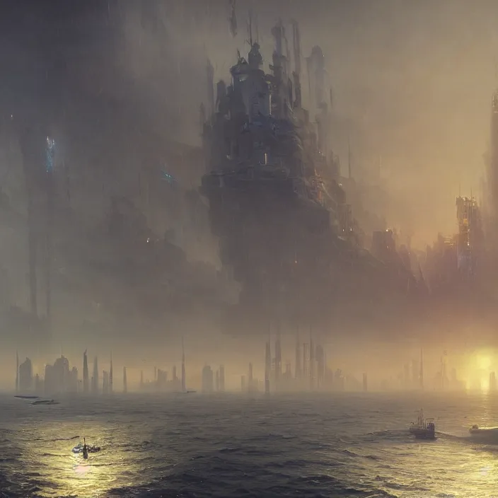 Image similar to a beautiful painting of a cyberpunk city on the sea by ivan aivazovsky and greg rutkowski and james gurney and frank lloyd, in style of unreal engine 5. hyper detailed, sharp focus, soft light. unreal engine 5 lumen. ray tracing. trending on artstation.