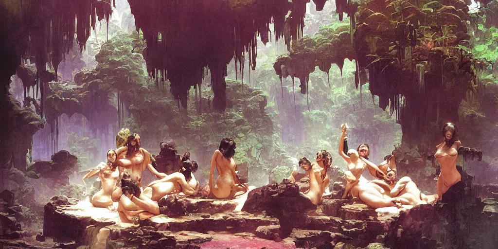 Prompt: a tropical cave that renovate as a luxury interior as several beautiful women bathe in the waters surrounding a muscled adventurer by syd mead, frank frazetta, ken kelly, simon bisley, richard corben, william - adolphe bouguereau, detailed concept art